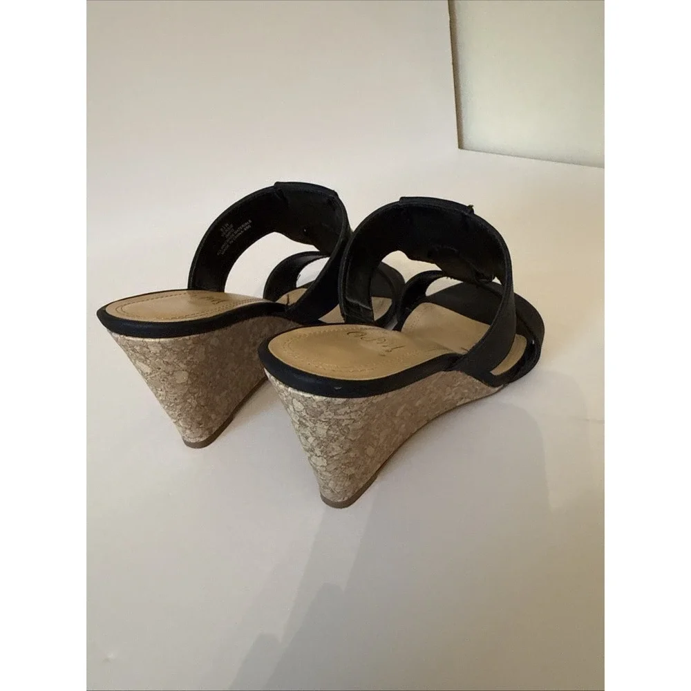 Impo Versie Black Wedge Sandals Gold Ring Detail Cork Heel Womens 8.5W